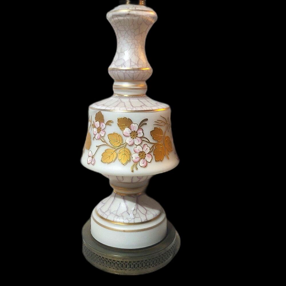 Hand Painted Gold Leaf Speckled White Floral White Frost Satin Brass Base‎ Lamp